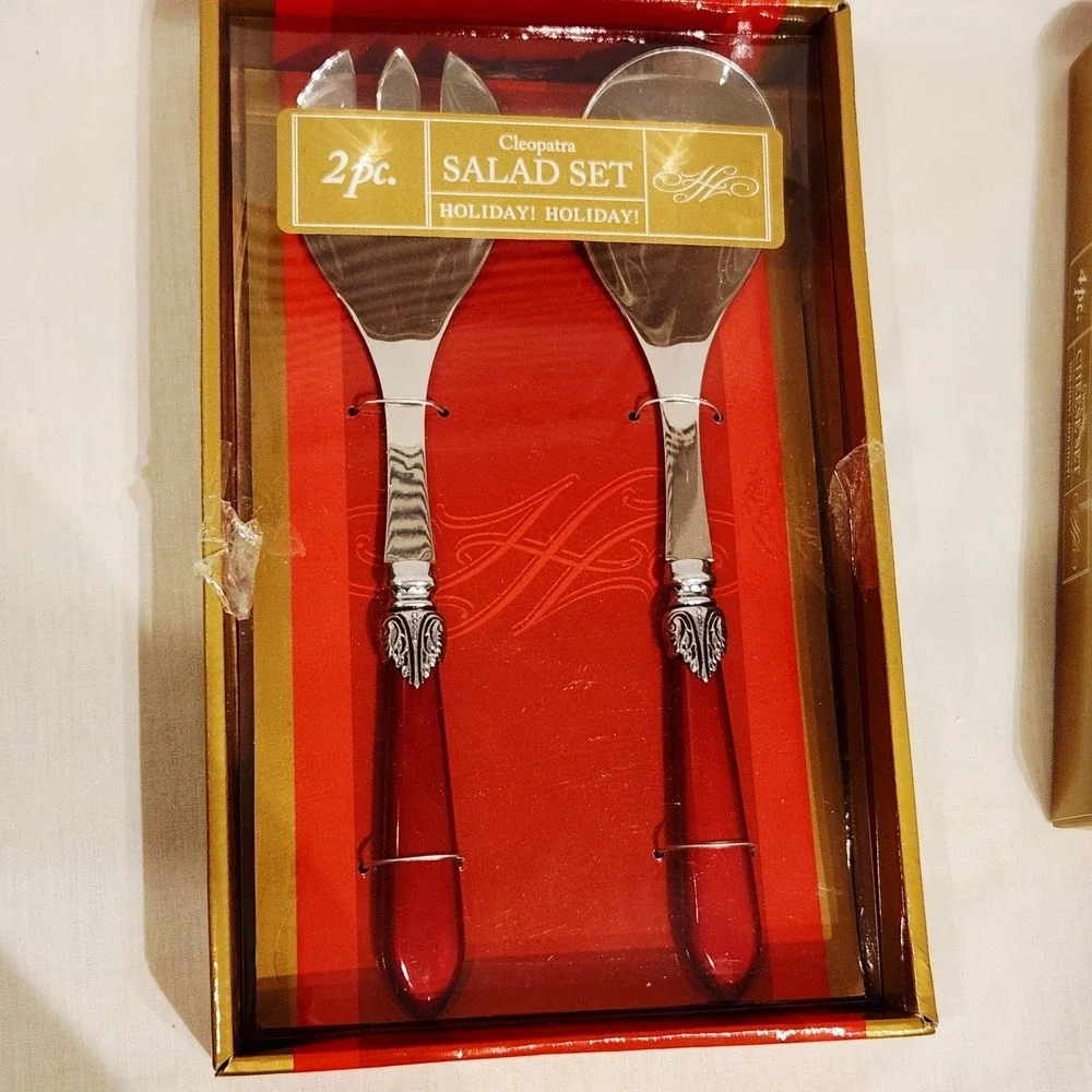 Cleopatra Holiday 2 pc Salad Serving Set Red Metal handle Open Box‎